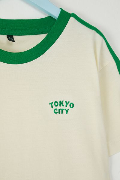 TRENDYOLKIDS Yaslit Boy T-Shirt Cotton Slogan Embroidered Piping Detail Short Sleeve Knitted
