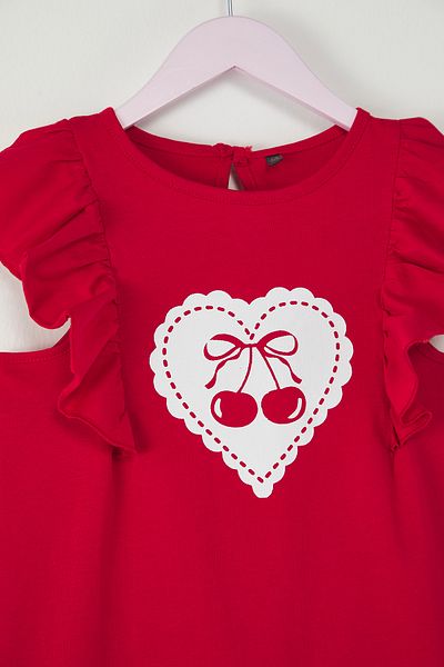 TRENDYOLKIDS Rotes Mädchenkleid aus 100 % Baumwolle mit Herzdruck, gerüscht, ärmellos, Mini-Strick TKDSS25EL00071