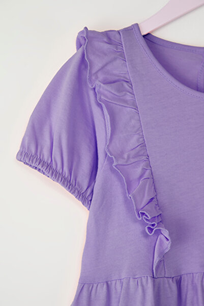 TRENDYOLKIDS Purple Female Child 100% Cotton Ruffle Short Sleeve Mini Eid Knitted Dress Tkdss25El00065