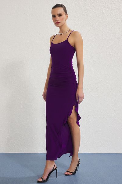 Trendyol Collection Purple Strap Body Fitted Ruffled Slit Stretchy Maxi Knitted Dress Twoss25El00782