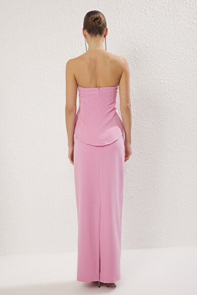 Trendyol Collection Rózsaszín, sima pánt nélküli, ujjatlan szövésű Finike elegáns/éjszakai alsó felső szett TPRSS25AU00005