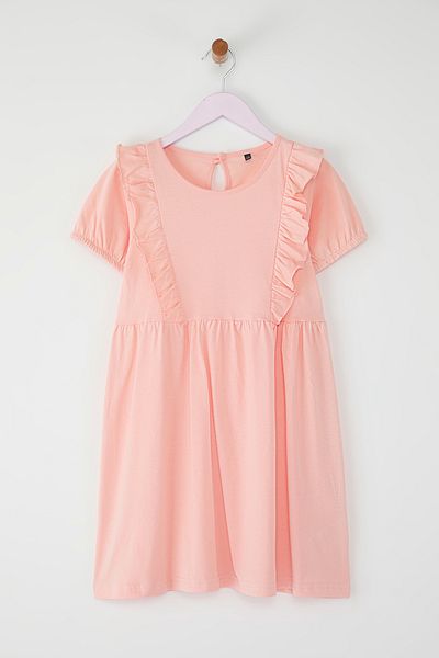 TRENDYOLKIDS Salmon θηλυκό παιδί 100% βαμβακερό βολάν κοντομάνικο μίνι γιορτινό πλεκτό φόρεμα TKDSS25EL00065