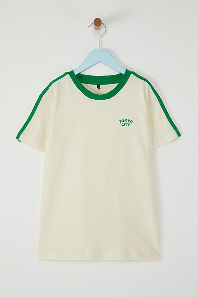 TRENDYOLKIDS Yaslit Boy T-Shirt Cotton Slogan Embroidered Piping Detail Short Sleeve Knitted