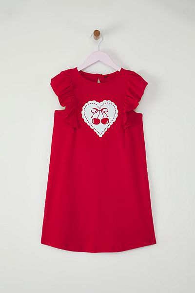 TRENDYOLKIDS Rotes Mädchenkleid aus 100 % Baumwolle mit Herzdruck, gerüscht, ärmellos, Mini-Strick TKDSS25EL00071