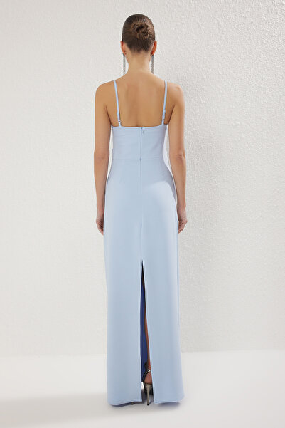 Trendyol Collection Světle modrý potisk kamene Tkané dlouhé stylové večerní šaty Noční šaty pro návrat domů TPRSS25AE00171