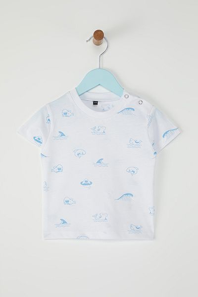 TRENDYOLKIDS Salopetă tricotată cu mânecă scurtă, cu imprimeu, din bumbac, 2 piese, albastru TKDSS25TU00010