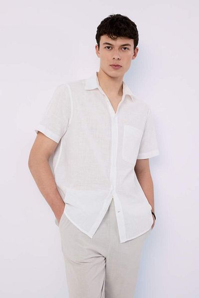 DeFacto New Season 100% Cotton Regular Fit Summer Polo Neck Linen Look Short Sleeve White