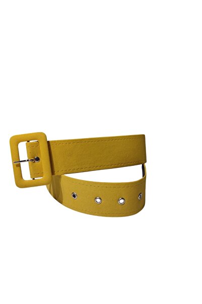 modayiğit Sarı süget kadife dikdörtgen tokalı kuş gözü delikli şık kemer