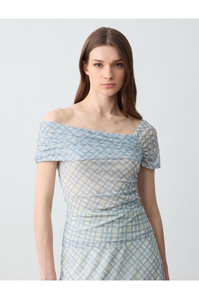 Jimmy Key Beige Slim Fit Asymmetric Neck Pattern Sleeveless Mesh Knitted Blouse