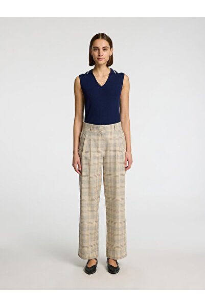 Selected Femme Hose mit weitem Bein Leinenmix Karo