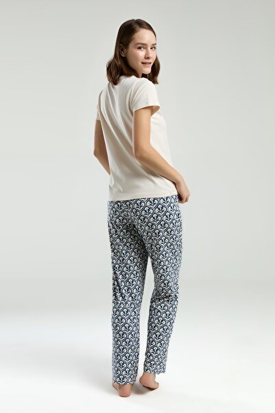 Arnetta Women's Plain Short Sleeve Patterned Long Pants Pajama Set (Available in Oversize Size)