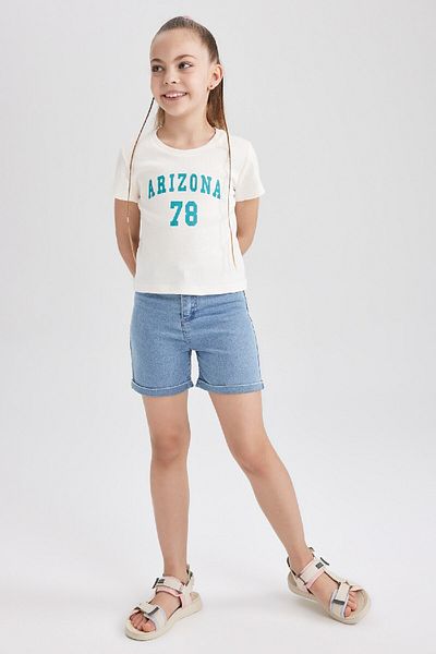 DeFacto Dívčí tričko Slim Fit s žebrovaným potištěným krátkým rukávem Z7793a623sm