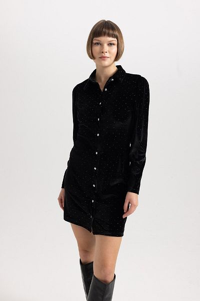 DeFacto Shirt Collar Velour Long Sleeve Mini Dress B6637ax23wn