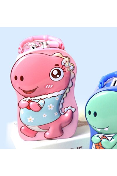 Livava حصالة معدنية على شكل ديناصور مع حقيبة وقفل، وردي، مقاس 17x12 - هدية مف...