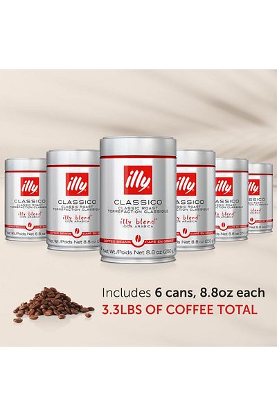 illy قهوة كلاسيكو كاملة الحبة، متوسطة التحميص، 250 غرام (عبوة من 6 قطع)