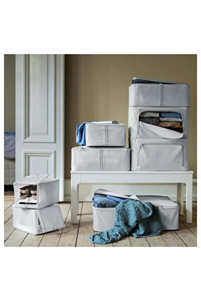 IKEA HEMMAFIXARE Storage case, fabric striped/white/grey