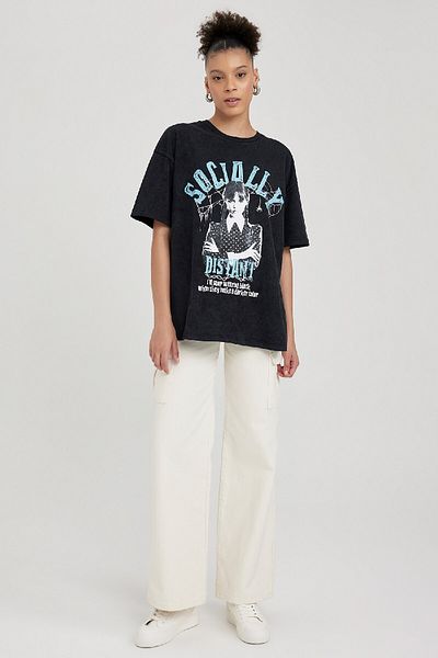 DeFacto Oversize Short Sleeve Cotton T-Shirt Faded Effect Coool Wednesday A8526Ax23Sm