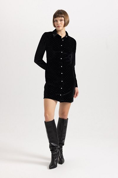 DeFacto Shirt Collar Velour Long Sleeve Mini Dress B6637ax23wn