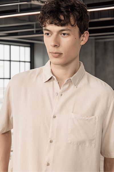 Valiberta Single Pocket Cotton Fabric Natural Textured Oversize Men's Shirt - Beige