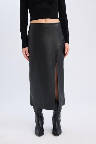 DeFacto Pencil High Waist Slit Faux Leather Midi Black Skirt D3015Ax24Wn