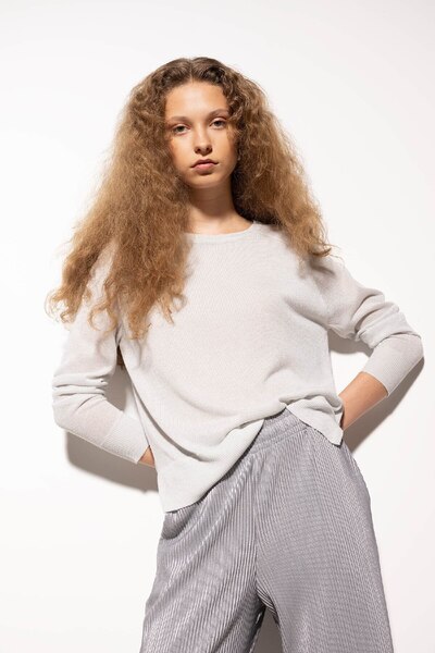 DeFacto Regular Fit Crew Neck Silvery Basic Plain Knitwear Sweater C6818Ax24Wn