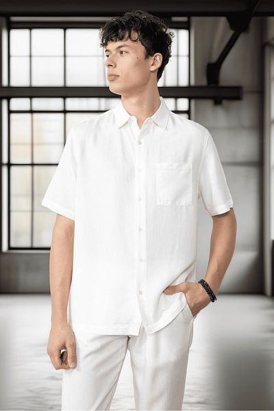 Valiberta Single Pocket Cotton Fabric Natural Textured Oversize Men's Shirt - Ecru