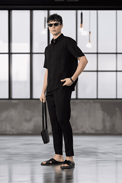 Valiberta Bağcıklı & Fermuarlı Doğal Dokulu Pamuk Erkek Pantolon - Siyah