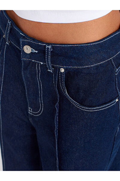 Dilvin 71808 Kontrast Dikişli Kısa Denim Pantolon-Lacivert