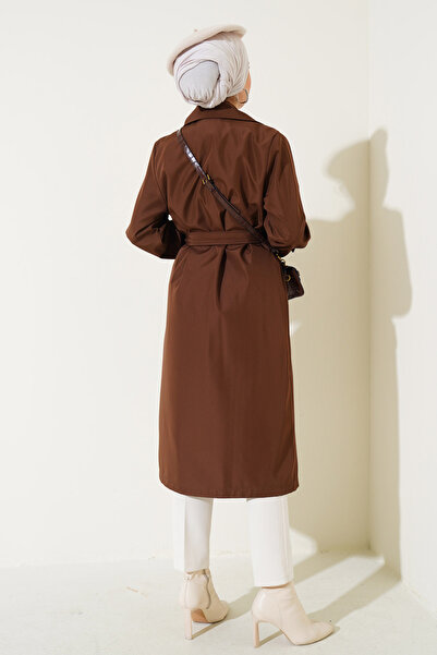 Merterium Kadın Kruvaze Yaka Kuşaklı Kahverengi Trençkot