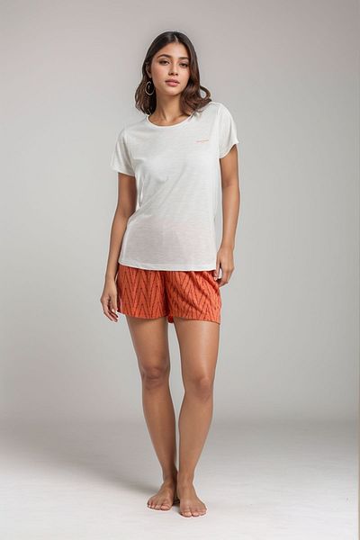 Pierre Cardin Women's Home Wear White T-Shirt & Orange Shorts Pajamas Set Ll.Pc01.K1.D014