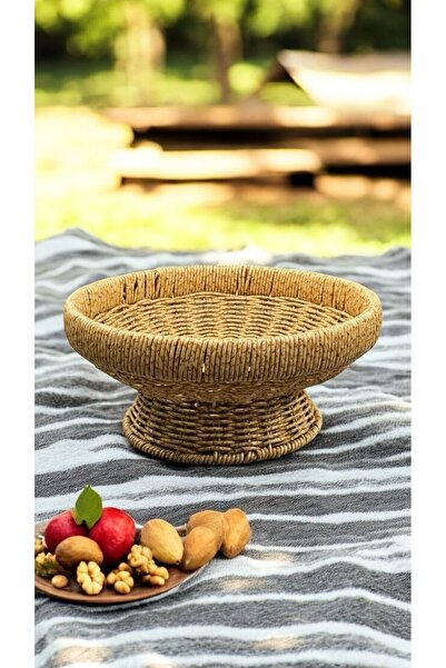 Bayev 2'Li Set Yuvarlak 32 Cm ve 26 Cm Ayaklı Meyvelik Dekoratif Hasır Sunumluk Seti
