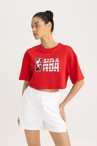 DeFacto Nba Wordmark Oversize Crop T-Shirt - Crew Neck, Short Sleeve B9975Ax24Sm