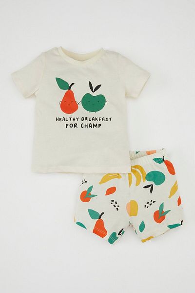DeFacto Baby Boy Pajama Set Printed Combed Cotton Short Sleeve Elastic Waist Shorts Bottom C5193A5