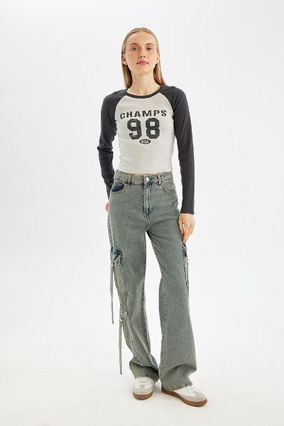 DeFacto Anthracite Coool Fitted Crew Neck Ribbed Camisole Printed Long Sleeve T-Shirt 3113457