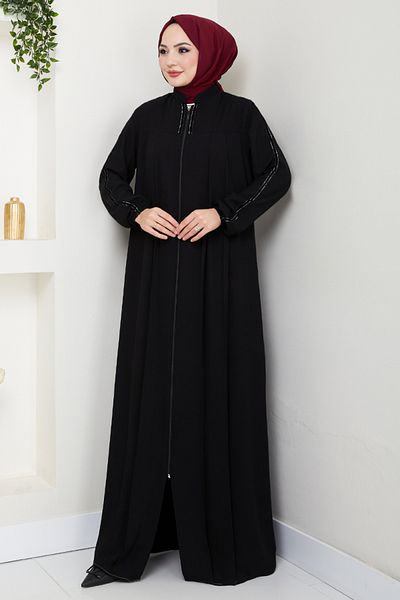 ModaMerve Λεπτομερής ρίγα Hijab Ferace 1007ESL1097-M Μαύρο