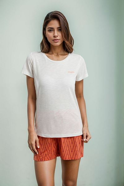 Pierre Cardin Women's Home Wear White T-Shirt & Orange Shorts Pajamas Set Ll.Pc01.K1.D014