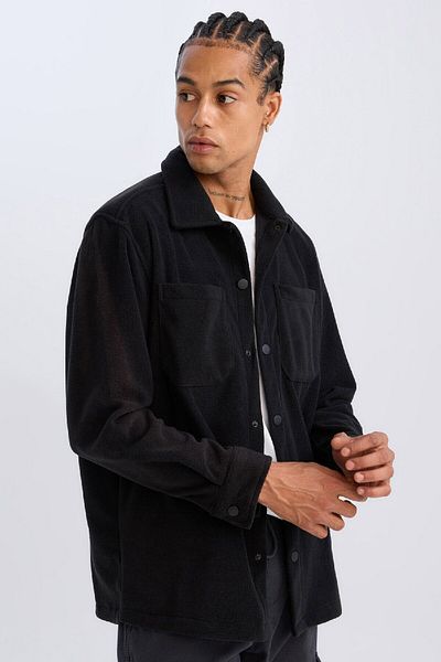 DeFacto Μακρυμάνικο μαύρο πουκάμισο Relax Fit Fleece A4782ax24wn