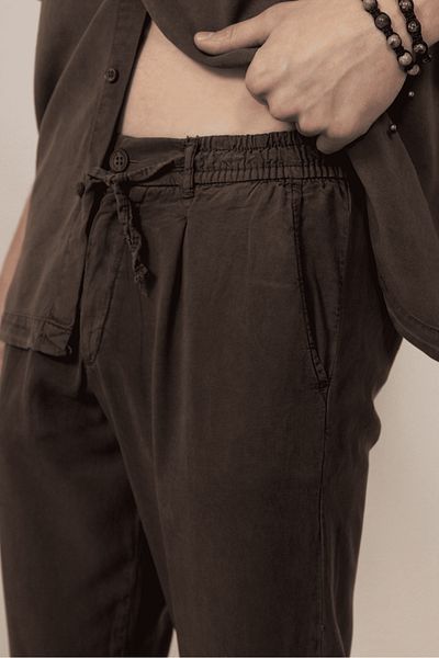 Valiberta Lace-Up & Zippered Natural Textured Cotton Men's Trousers - Brown