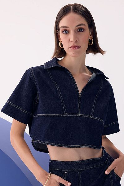 DeFacto Modische, kurzärmlige Jeansbluse mit Polokragen D3716ax24au