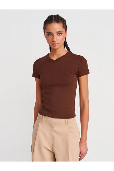 Dilvin 31673 V-Neck T-Shirt-Light Brown