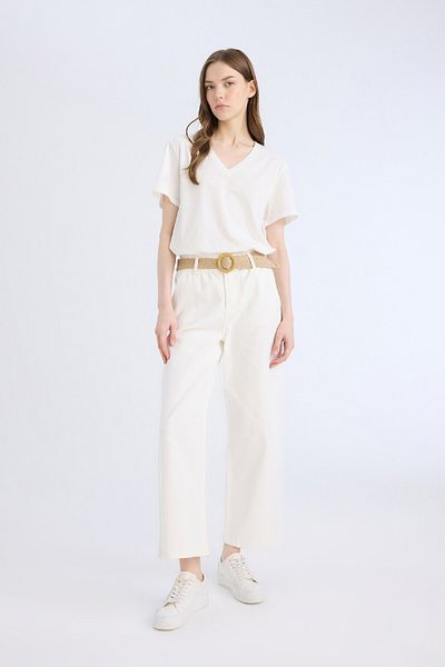 DeFacto Gabardine Pants with High Waist and Belt - Double Leg with Pockets D3781Ax24Au