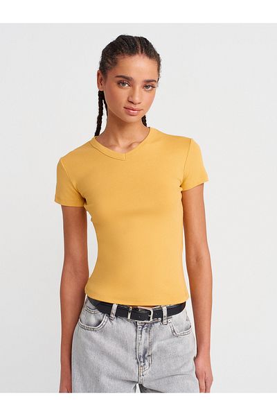 Dilvin 31673 V-Neck T-Shirt-Mustard