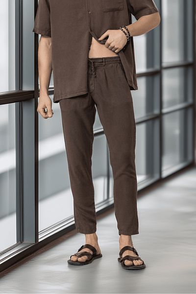 Valiberta Lace-Up & Zippered Natural Textured Cotton Men's Trousers - Brown