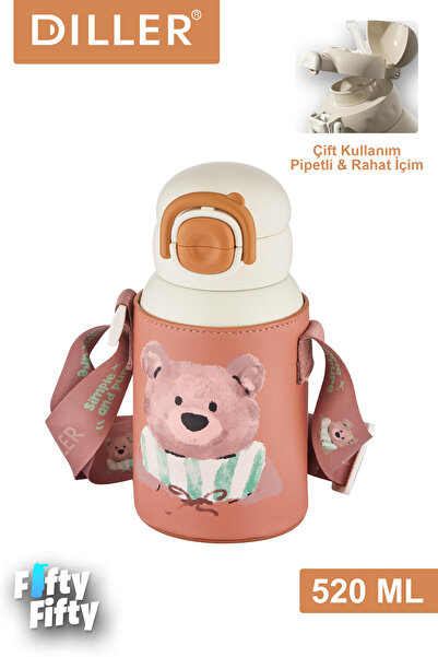 Vagonlife DILLER 520 ML Tek Kapak Çift Kullanım Pipetli/Pipetsiz Kılıflı-Askı...