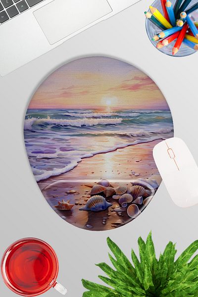 qoeuyl boutique Sunset Beach Printed No:2 Ποντίκι με οβάλ καρπό για παιχνίδια με υποστήριξη