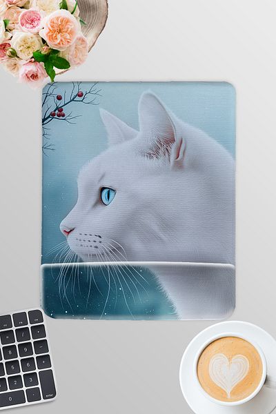 qoeuyl boutique White Cat Winter Themed No:2 Παίκτης Gaming Ορθογώνιο ποντίκι με υποστήριξη καρπού