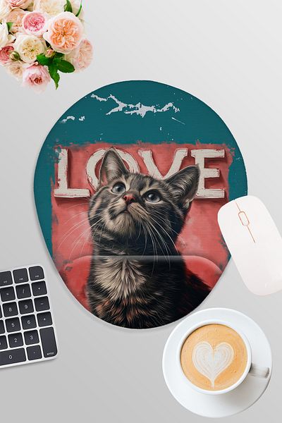 qoeuyl boutique Cute Cats No:4 Love Printed Gamer Gaming Οβάλ ποντίκι με υποστήριξη καρπού