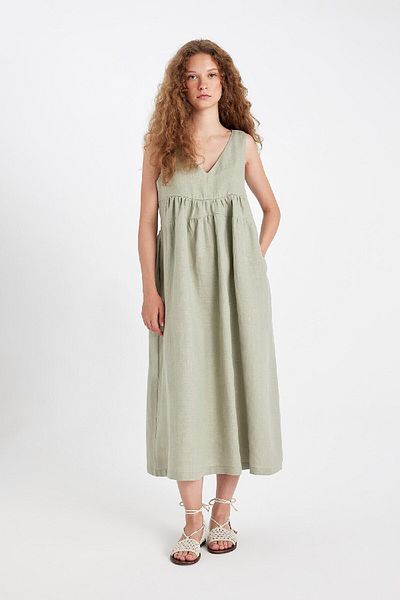 DeFacto Μίντι Φόρεμα από λινό V-Neck DeFacto - Αμάνικο, Manuka D4371AX24HS