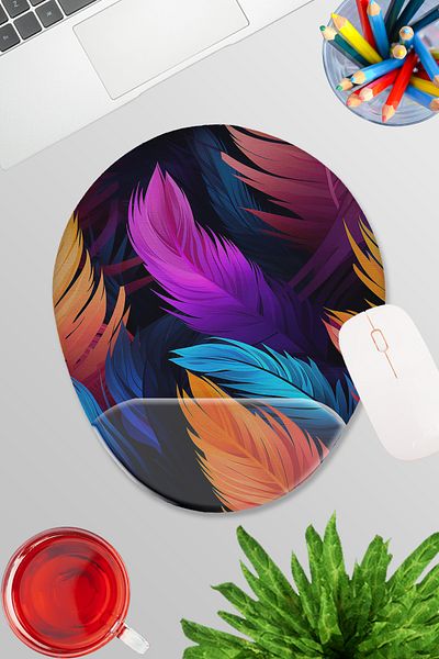 qoeuyl boutique Colorful Feathers No:2 Printed Gamer Gaming Oval Wrist Support Mousepad