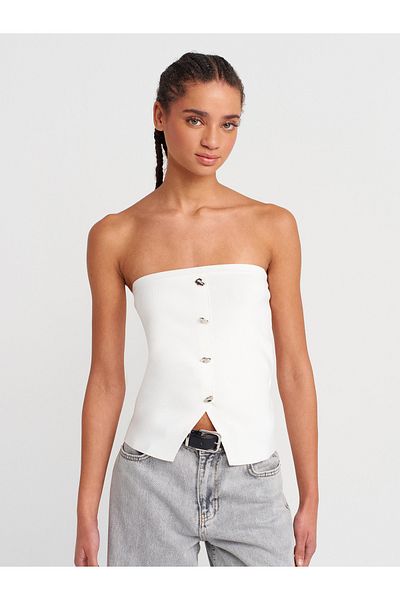 Dilvin 10739 Strapless Buttoned Knitwear Top-Ecru